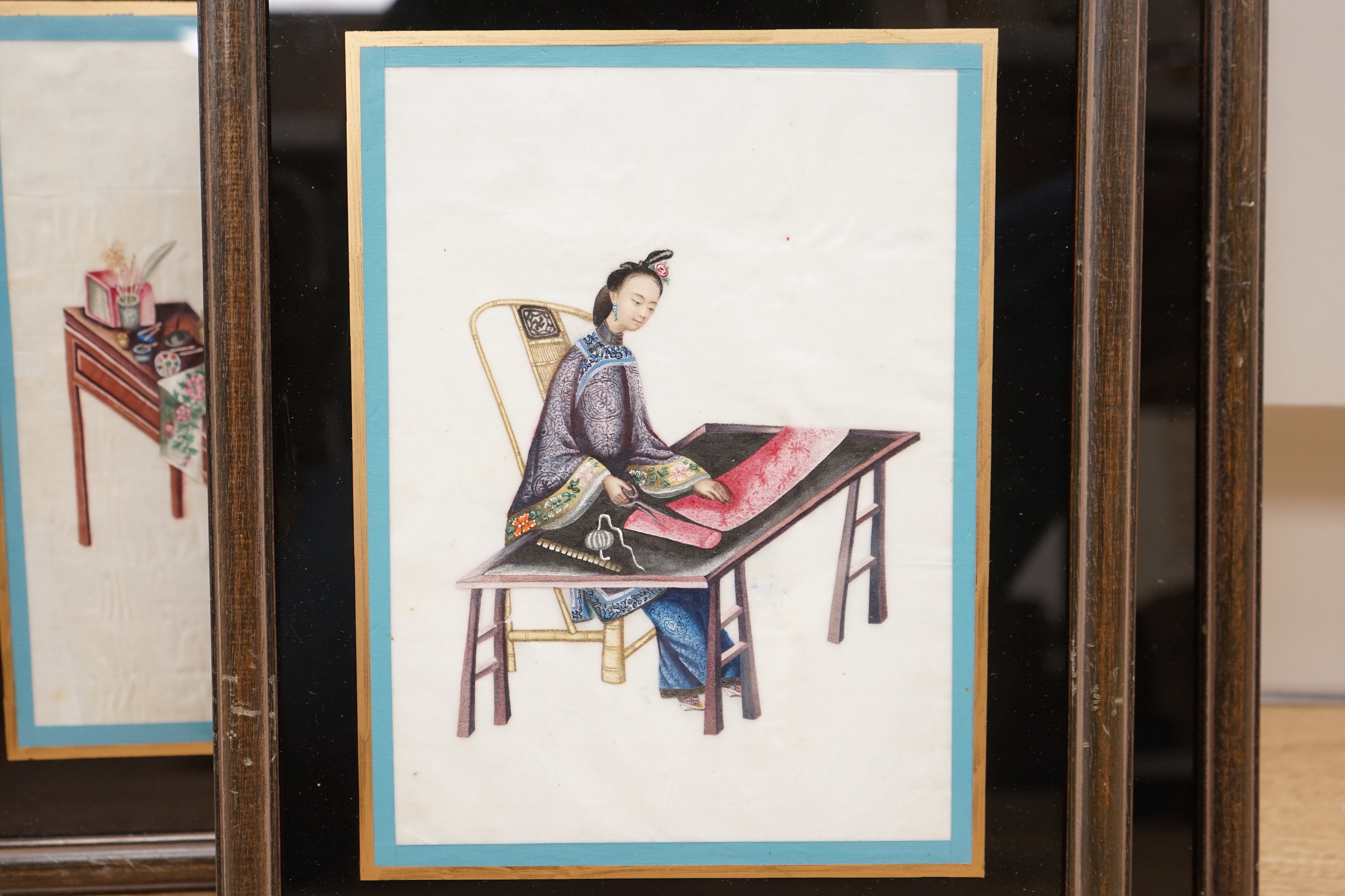 19th century Chinese School, set of six pith paper paintings, 'Ladies at work', 23.5 x 16.5cm